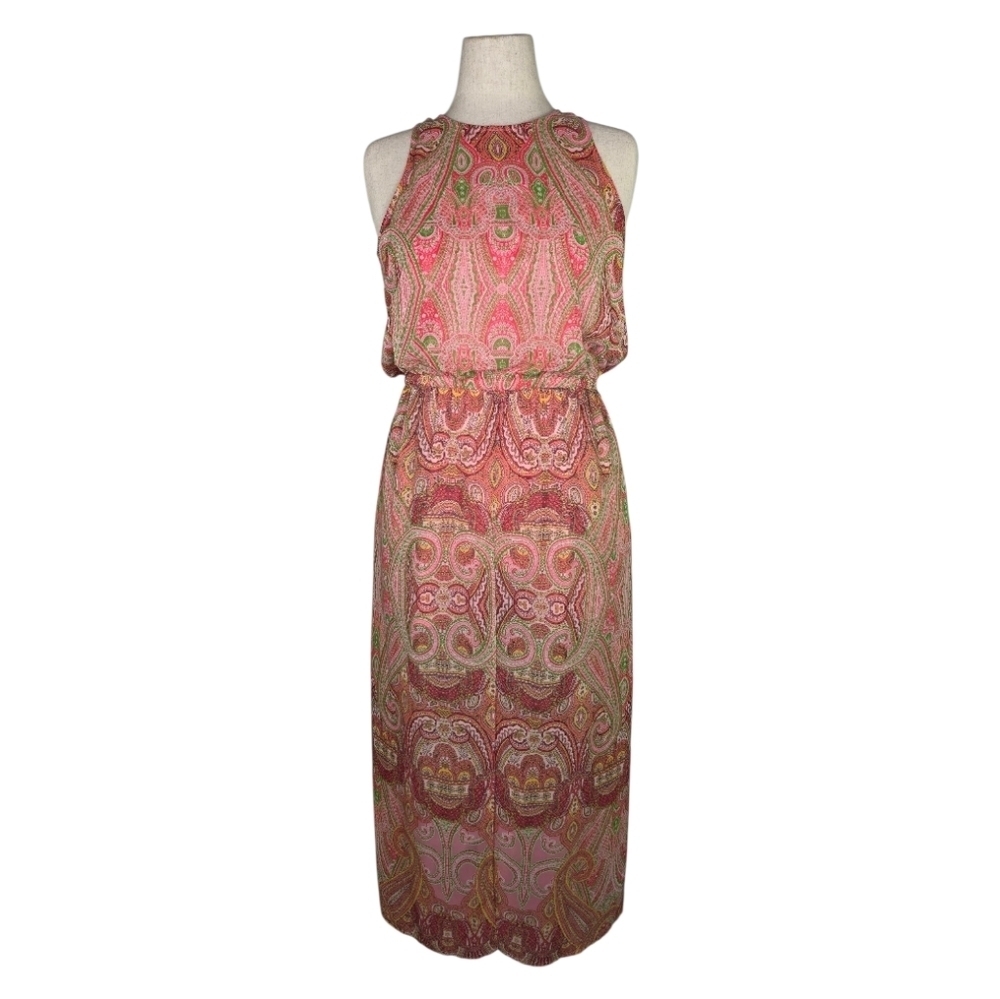 New York & Company Paisley Halter Maxi Dress Pink Boho Summer Size Medium